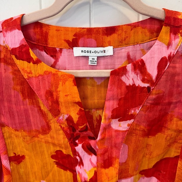 Rose + Olive Floral Balloon Sleeve Tie Front Blouse Orange Pink XS - Picture 3 of 6